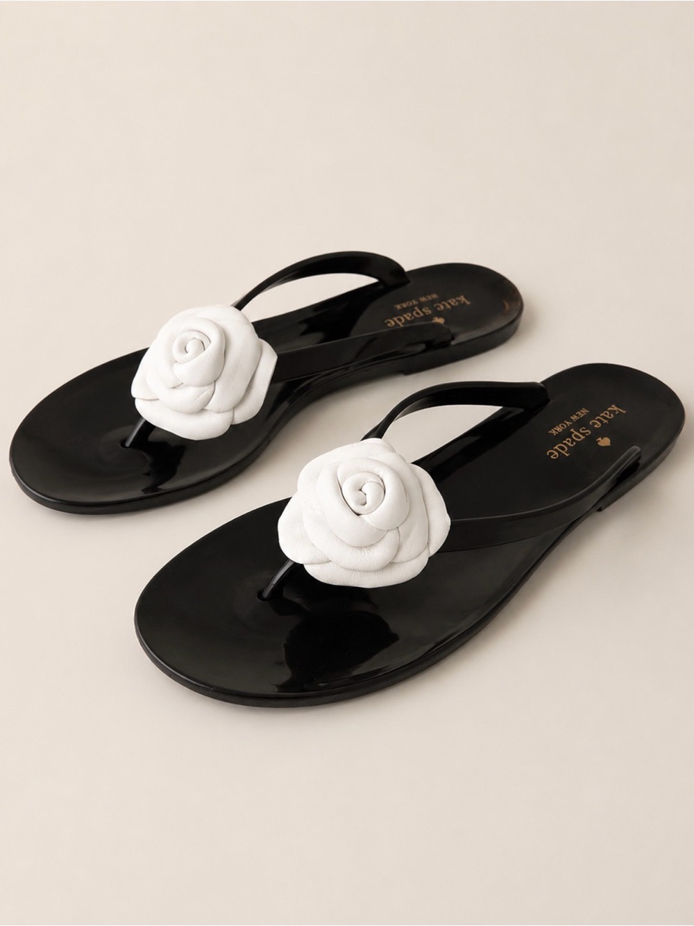 kate spade Black Sandal Thong with White Floral Appliqués